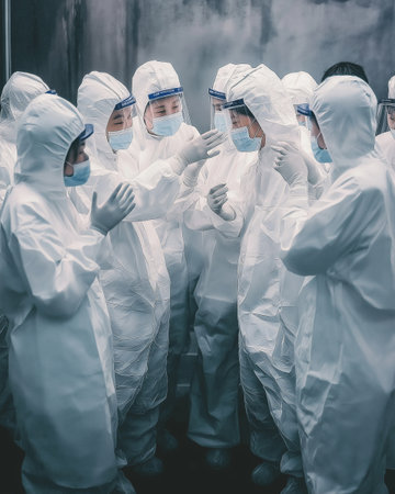 Group of medical workers wearing protective suits and masks during a pandemicの素材