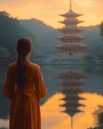 Silhouette of woman in orange dress looking at the pagoda in the morningの素材
