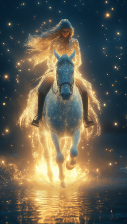 Beautiful girl riding a white horse in the starry sky.の素材