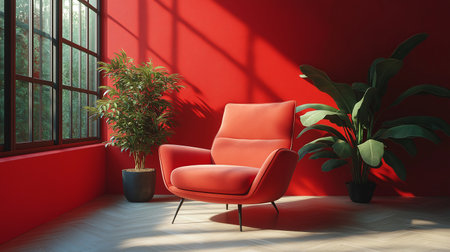 Red armchair in modern bright interiors room 3D rendering illustrationの素材