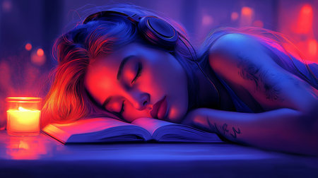 Tattooed girl sleeping on a book with a candle in the backgroundの素材