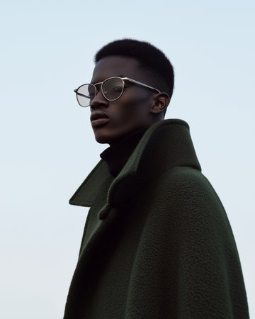 Fashionable african american man in a green coat and sunglasses on the street.の素材