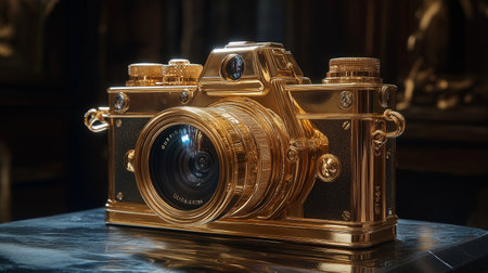 Vintage golden photo camera on a black table in a museum.の素材