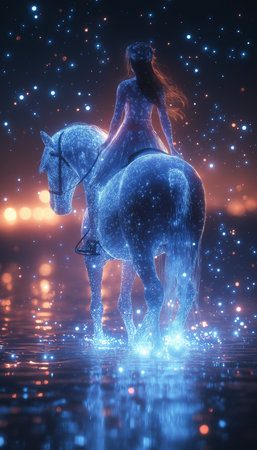 3d rendering of a beautiful girl riding a horse in the night skyの素材