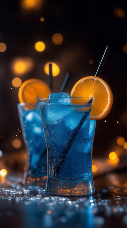 Blue lagoon cocktail with ice, orange and straws on black backgroundの素材