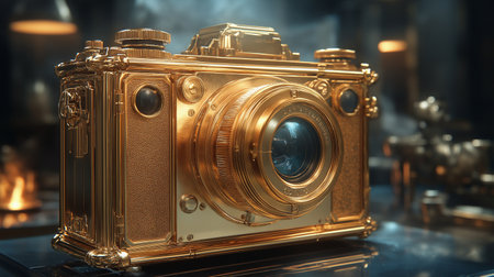 Vintage golden camera on dark background. 3d rendering toned imageの素材