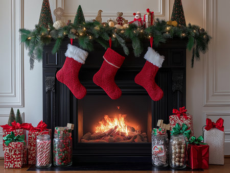 Christmas stocking with gifts near the fireplace. Christmas and New Year conceptの素材