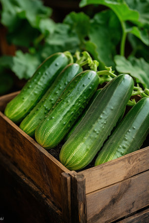 Fresh cucumbers in a wooden box. selective focus. nature.の素材