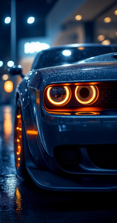 Close-up of the headlights of a sports car at night.の素材