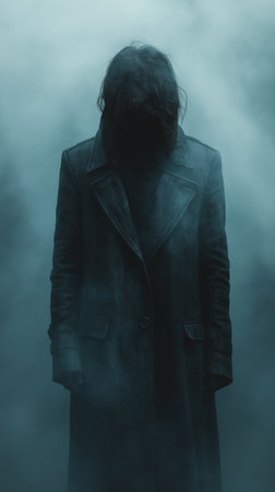 Mysterious man in a black coat on a foggy backgroundの素材