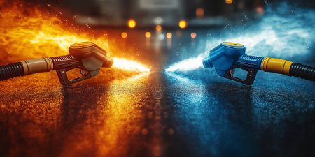 Gasoline pump nozzle and sparks flying in the air. 3d renderingの素材