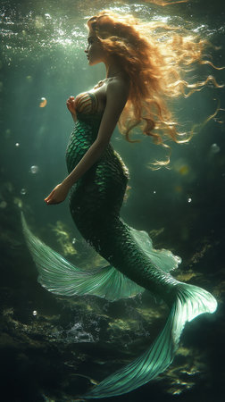 Beautiful mermaid with long red hair underwater. Fantasy and fairy tale.の素材