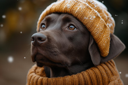 Portrait of a chocolate labrador retriever puppy in a knitted hat and scarf.の素材
