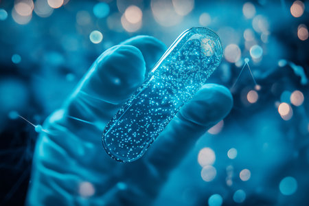 Close up of human hand holding pill with blue bokeh backgroundの素材