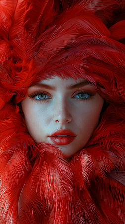 Fashion portrait of beautiful woman with bright make-up and red feather boaの素材
