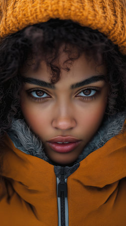 beautiful african american girl in winter outfit looking at cameraの素材