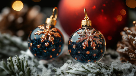 Beautiful Christmas decoration on dark background, closeup. Space for textの素材