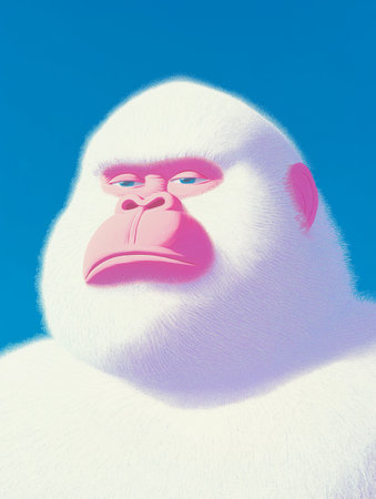 White monkey with pink eyes on blue sky background. 3d renderingの素材