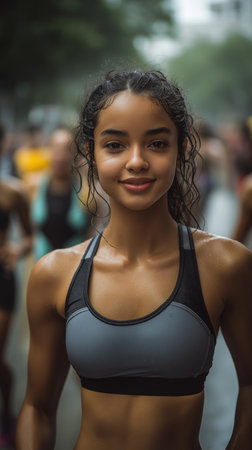 Portrait of beautiful young african american woman in sportswear smiling at cameraの素材