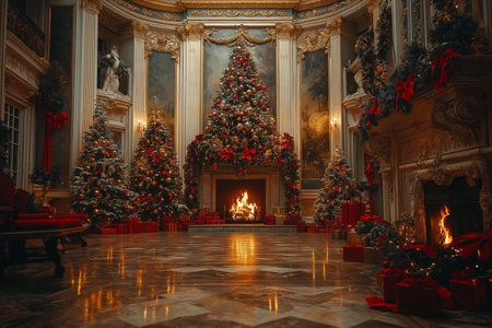 Luxury apartments decorated for Christmas and New Year holidays. Classic apartments with Christmas tree and fireplace.の素材
