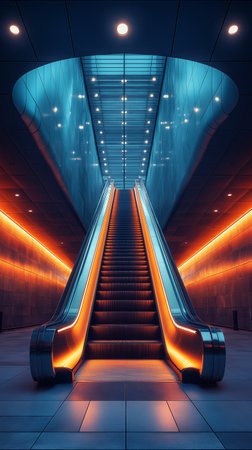 Escalator in modern interior. 3D rendering. Neon lights.の素材