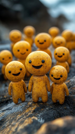 Smiling yellow plasticine people with smiley faces on stone backgroundの素材