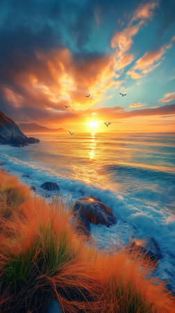 Beautiful sunset over the sea. Seascape with seagullsの素材