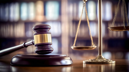 Law theme, mallet of judge, wooden gavel and scale of justiceの素材