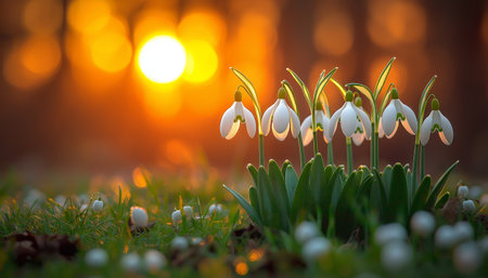 Spring snowdrop flowers in the forest at sunset. Nature background.の素材