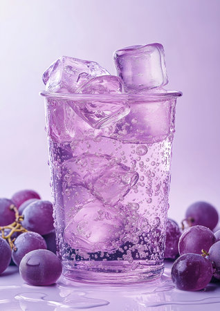 Grape juice with ice cubes in glass on purple background, close upの素材