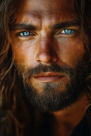 Close-up portrait of a handsome man with a beard and mustacheの素材