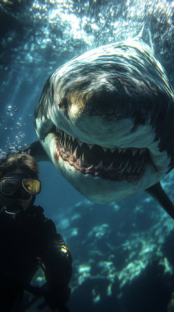 Great White Shark (Carcharodon carcharias) and diverの素材