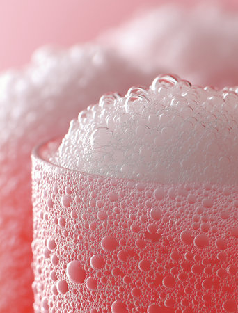 Foam bubbles in a glass on a pink background close upの素材