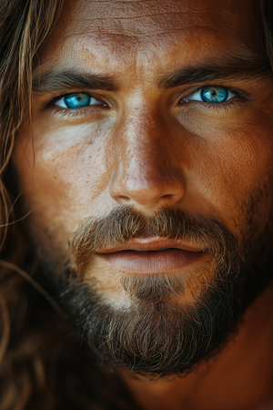 Portrait of a handsome man with a beard and mustache close-up.の素材