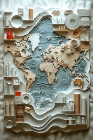 3d illustration of a world map made of paper with different objectsの素材