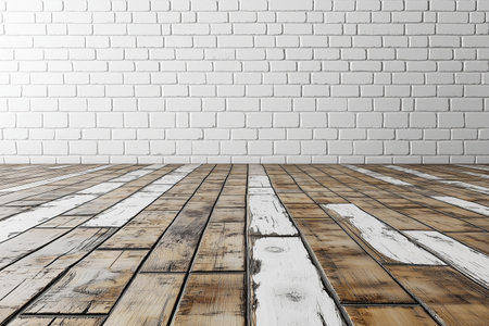 Wooden floor with white brick wall background. 3d rendering.の素材