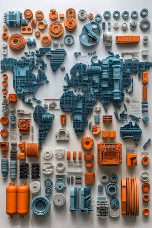 Abstract 3d illustration of a world map made of various industrial objectsの素材