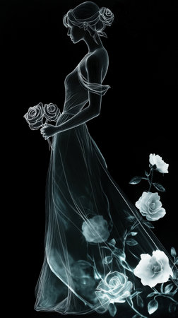 Digital Illustration of a Woman Wearing a Bridal Dress with Rosesの素材