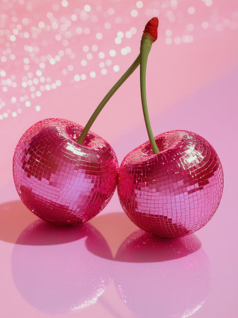 Two red cherries with reflection on a pink background with bokehの素材