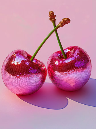 Two red cherries on a pink background. 3D rendering.の素材
