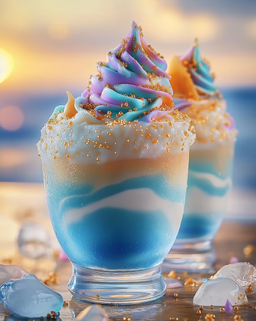 Fancy blue and turquoise fancy tiramisu in a glassの素材