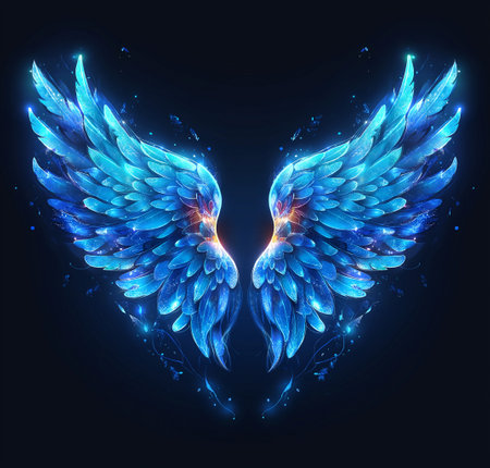 Illustration of blue wings on a dark background. Wings in the form of a heart.の素材