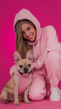 A beautiful young woman in a pink sports suit is sitting with a French bulldog.の素材