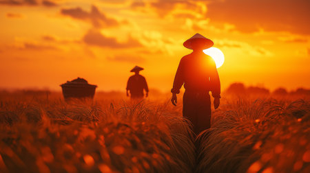 Farmer on rice field at sunset. Harvesting in the countryside.の素材