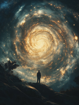 Man standing on the edge of a mountain and looking at the starry skyの素材