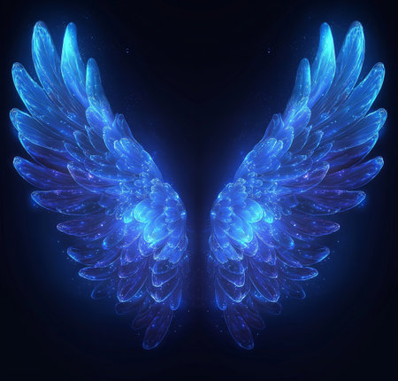 Glowing blue wings on a dark background. 3D rendering.の素材