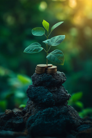 Investment concept, Coins growing on coins stack with nature background.の素材