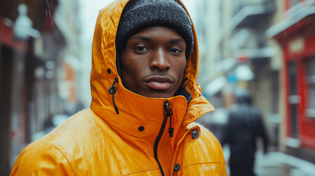 Portrait of a young african american man in a yellow jacket on the street.の素材