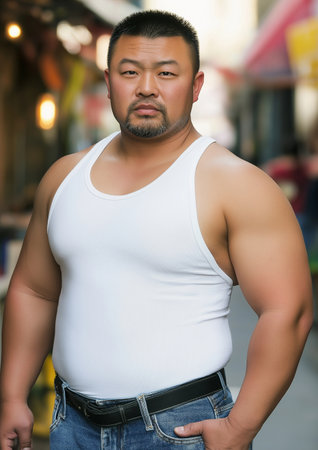Portrait of a fat Asian man in a white t-shirtの素材