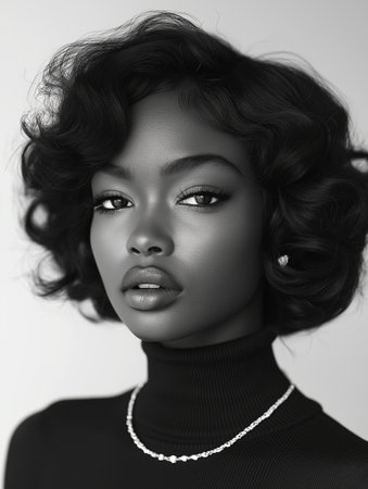 Black and white portrait of beautiful african american woman with curly hairstyleの素材